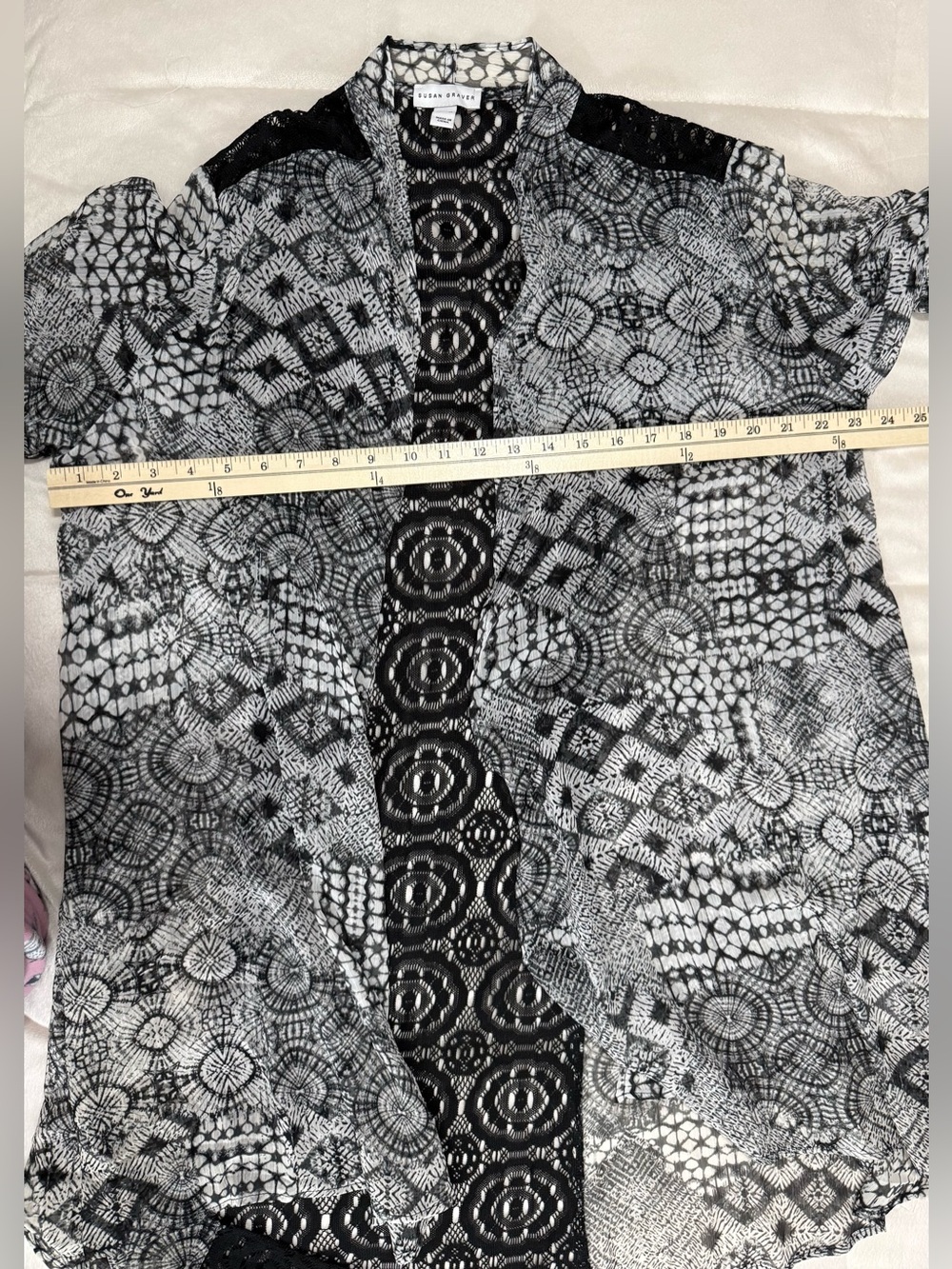 Susan Graver Black White Lace Panel Kimono Cardigan XL Open Front Boho - Picture 5 of 6